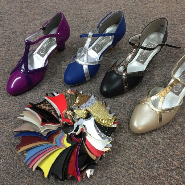 Photo of some customised ballroom shoes and a selection of fabrics